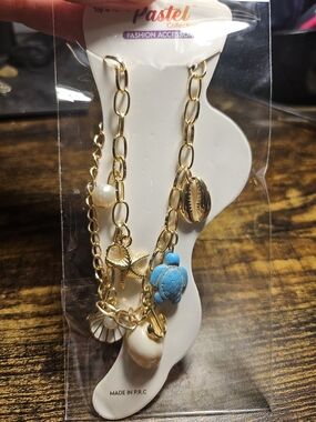Gold Chain Anklet with Turquoise Turtle Charm